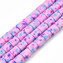 Violet Handmade Polymer Clay Bead Strands, Column with Flower, Violet, 6x5mm, Hole: 1mm, about 63pcs/strand, 15.75''(40cm)