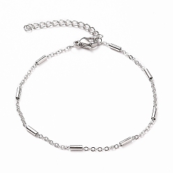 Stainless Steel Color 304 Stainless Steel Cable Chain Bracelets, with Tube Beads and Lobster Claw Clasps, Stainless Steel Color, 7-1/4 inch(18.5cm)