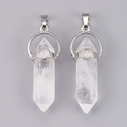 Quartz Crystal Natural Quartz Crystal Double Terminated Pointed Pendants, Rock Crystal, with Brass Findings, Bullet, Platinum, 38.5~40.5x14.5x13mm, Hole: 4x8mm