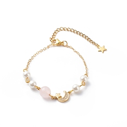 Doré  Bracelet à maillons étoile et lune en zircone cubique transparente avec chaînes en laiton, bracelet en perles de quartz rose naturel et coquillage pour femme, or, 6-3/4 pouce (17.3 cm)