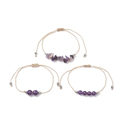 Améthyste 3 pcs 3 ensemble de bracelets de perles tressées en améthyste naturelle de style, bracelets réglables en fil de nylon pour femmes, diamètre intérieur: 3-3/8 pouce (8.5 cm), 1 pc / style
