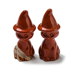 Red Jasper Natural Red Jasper Carved Healing Cat with Witch Hat Figurines, Reiki Energy Stone Display Decorations, 48~50x19~21mm