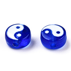 Blue Transparent Acrylic Beads, Flat Round with Yin Yang Pattern, Blue, 7x4mm, Hole: 1.5mm