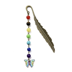 Colorful Butterfly Alloy Enamel Pendant Bookmark with Chakra Gemstone Bead, Alloy Feather Bookmarks, Colorful, 140x14.5x3.5mm