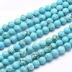 Howlite Brins de perles de magnésite naturelle, teints et chauffée, ronde, turquoise moyen, 6mm, Trou: 1mm, Environ 64 pcs/chapelet, 15.7 pouce (40 cm)