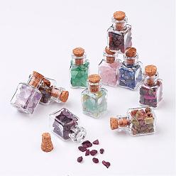 Mixed Color Glass Wishing Bottle Decorations, with Gemstone Chips Inside and Cork Stopper, Mixed Color, 29x14mm, 10pcs/set