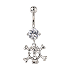 Crystal Piercing Jewelry Real Platinum Plated Brass Rhinestone Pirate Style Skull Navel Ring Belly Rings, Crystal, 40x15mm, Bar Length: 3/8"(10mm), Bar: 14 Gauge(1.6mm)