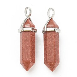 Goldstone Synthetic Goldstone Pendants, with Platinum Tone Brass Findings, Bullet, 39.5x12x11.5mm, Hole: 4.5x2.8mm