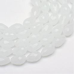 White Teardrop Faceted Imitation Jade Glass Beads Strands, White, 11~12x8mm, Hole: 1.5mm, about 60pcs/strand, 27 inch