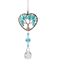 Synthetic Turquoise Big Pendant Decorations, Hanging Sun Catchers, with Synthetic Turquoise Beads and K9 Crystal Glass, Heart with Tree of Life, 35.5cm
