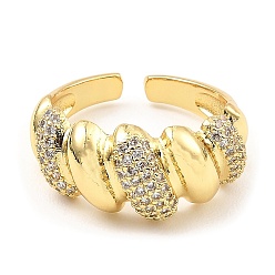 Real 16K Gold Plated Brass Micro Pave Clear Cubic Zirconia Open Cuff Rings, Croissant, Real 16K Gold Plated, US Size 8 1/4(18.3mm)