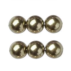 Olive Eco-Friendly Glass Pearl Beads Strands, Grade A, Round, Dyed, Cotton Cord Threaded, Olive, 10mm, Hole: 1.2~1.5mm, about 42pcs/strand, 15.7 inch