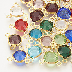 Mixed Color Glass Charms, with 304 Stainless Steel Finding, Flat Round, Faceted, Golden, Mixed Color, 12x13x4mm, Hole: 1.5mm