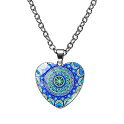 Azul Medio Collar con colgante de corazón de cristal con flor de mandala, joyas de aleación de platino para mujer., azul medio, 19.69 pulgada (50 cm)