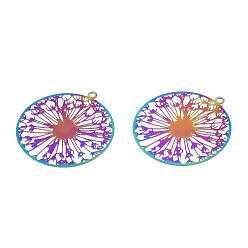 Rainbow Color Ion Plating(IP) 201 Stainless Steel Filigree Pendants, Etched Metal Embellishments, Dandelion, Rainbow Color, 27x25x0.2mm, Hole: 1.4mm