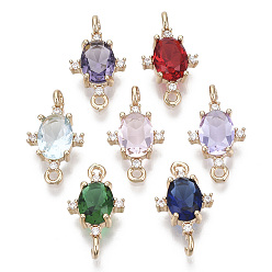 Mixed Color Glass Links connectors, with Brass Micro Pave Cubic Zirconia, Faceted, Oval, Light Gold, Mixed Color, 17.5x10x5mm, Hole: 1.2mm