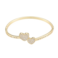 Real 18K Gold Plated Clear Cubic Zirconia Double Heart Bangles, Brass Jewelry for Women, Real 18K Gold Plated, Inner Diameter: 2-1/8x2-3/8 inch(5.3x6.05cm)