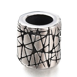 Antique Silver 304 Stainless Steel European Beads, Large Hole Beads, Column with Craquelure Pattern, Antique Silver, 10x10mm, Hole: 6mm
