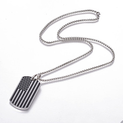 Stainless Steel Color 304 Stainless Steel Pendant Necklaces, with Enamel, Rectangle with America Flag, Stainless Steel Color, 23.8 inch(60.5cm), Pendant: 59x29x3mm
