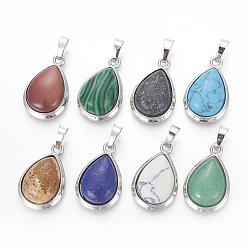 Mixed Stone Natural & Synthetic Mixed Stone Pendants, with Brass Findings, teardrop, Platinum, 26x16~17x8~10mm, Hole: 8x5mm