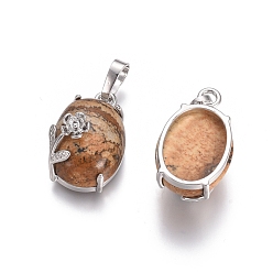 Picture Jasper Natural Picture Jasper Pendants, with Platinum Tone Brass Findings, Oval with Flower, 22x13.8x10.3mm, Hole: 6x3.5mm