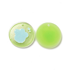 Jaune Vert Pendentifs acryliques, avec émail et poudre scintillante, plat rond avec motif empreinte de patte, jaune vert, 19.5x2mm, Trou: 1.5mm