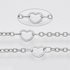 Stainless Steel Color 304 Stainless Steel Cable Chains, with Heart Links and Spool, Soldered, Flat Oval, Stainless Steel Color, Link 1: 4x2.5x0.3mm, Link 2: 2.5x2x0.3mm, Heart: 6x5x0.5mm, about 65.61 Feet(20m)/roll