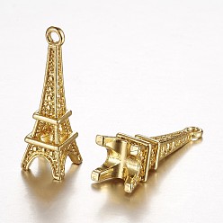 Real 18K Gold Plated Brass Pendants, Long-Lasting Plated, Real 24K Gold Plated, Eiffel Tower, Lead Free & Cadmium Free,  21.5x6.5x6.5mm, Hole: 1mm