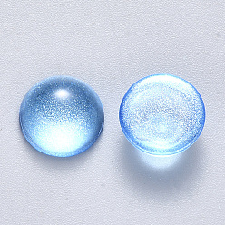 Deep Sky Blue Transparent Spray Painted Glass Cabochons, with Glitter Powder, Half Round/Dome, Deep Sky Blue, 18x9mm.