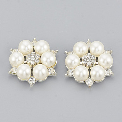 Silver Alloy Rhinestone Flat Back Cabochons, with ABS Plastic Imitation Pearl, Flower, Silver Color Plated, 28x25x8.5mm