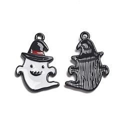 White Gunmetal Plated Alloy Enamel Pendants, for Halloween, Ghost with Witch Hat, White, 25x17x2mm, Hole: 1mm