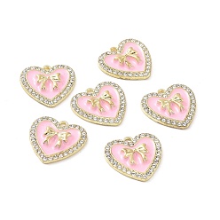 Pink Alloy Enamel Pendants, with Crystal Rhinestone, Cadmium Free & Lead Free, Light Gold, Heart with Bowknot, Pink, 20.5x20.5x3.5mm, Hole: 1.8mm