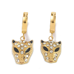 Crystal Rhinestone Leopard Dangle Hoop Earrings with Enamel, Gold Plated 304 Stainless Steel Jewelry for Women, Crystal, 30mm, Pin: 1mm
