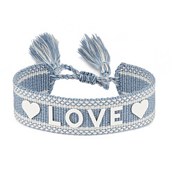 Bleu Acier Bracelet cordon tressé motif mot amour en silicone avec pompons en polyester, bracelet plat réglable pour femme, bleu acier, diamètre intérieur: 5-7/8~9-1/2 pouce (15~24 cm)