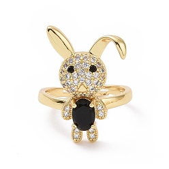 Negro Anillo ajustable de conejo con circonitas cúbicas, anillo ancho de latón chapado en oro real 18k para mujer, sin plomo y cadmio, negro, tamaño de EE. UU. 6 3/4 (17.1 mm)