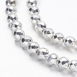 Silver Plated Electroplate Non-magnetic Synthetic Hematite Beads Strands, Faceted(64 Facets), Round, Silver Plated, 6mm, Hole: 1.1mm, about 72pcs/strand, 15.7 inch