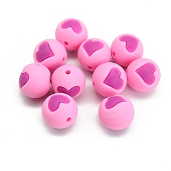 Perlas de Color Rosa Cuentas redondas de silicona de calidad alimentaria con diseño de corazón, masticar cuentas para mordedores, diy collares de enfermería haciendo, rosa perla, 15 mm