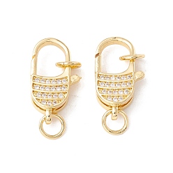 Real 18K Gold Plated Brass Micro Pave Clear Cubic Zirconia Lobster Claw Clasps, with Jump Rings, Cadmium Free & Lead Free, Long-Lasting Plated, Real 18K Gold Plated, 21x11.5x5mm, Hole: 4mm