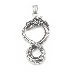 Antique Silver 304 Stainless Steel Big Pendants, Dragon Charm, Antique Silver, 57.5x28x6mm, Hole: 4x7.5mm