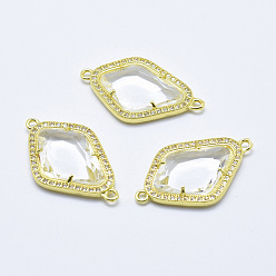 Clear Brass Micro Pave Cubic Zirconia Links, with Glass, Faceted, Rhombus, Golden, Clear, 33x20x5mm, Hole: 1.6mm