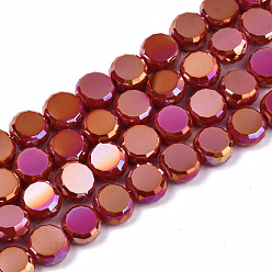 Rouge Foncé Galvanoplastie opaques couleur unie perles de verre brins, de couleur plaquée ab , plat rond à facettes, rouge foncé, 8x4mm, Trou: 1.5mm, Environ 99~101 pcs/chapelet, 27.76 pouces ~ 28.94 pouces, (70.5 cm ~ 73.5 cm)