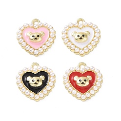 Mixed Color Alloy Enamel Pendants, with ABS Plastic Imitation Pearl, Cadmium Free & Lead Free, Light Gold, Heart with Bear, Mixed Color, 17x16x4mm, Hole: 1.6mm