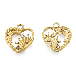 Real 18K Gold Plated 304 Stainless Steel Pendant Rhinestone Settings, Heart with Sun, Real 18K Gold Plated, Fit For 1mm Rhinestone, 19x17x2mm, Hole: 2mm