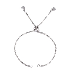 Stainless Steel Color 304 Stainless Steel Rolo Chain Slider Bracelet Making, Bolo Bracelet, with 304 Stainless Steel Jump Rings and Brass Beads, Heart, Stainless Steel Color, 9-7/8 inch(25cm), 0.2cm