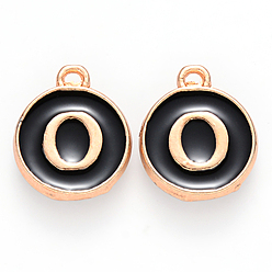 Letter O Golden Plated Alloy Charms, with Enamel, Enamelled Sequins, Flat Round, Black, Letter.O, 14x12x2mm, Hole: 1.5mm, 50pcs/Box