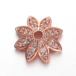 Rose Gold Brass Micro Pave Cubic Zirconia Bead Cap, 8-Petal, Flower, Clear, Rose Gold, 12x12x4mm, Hole: 1.8mm