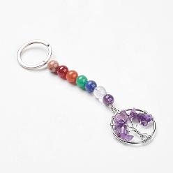 Amethyst Gemstone and Natural Amethyst Chakra Keychain, with Alloy Key Rings and Brass Pendants, Ring with Tree of Life, Platinum, 123mm