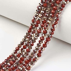 Rojo Oscuro Electrochapa hilos de perlas de vidrio opacas, media de cobre recubierto, facetados, Rondana plana, de color rojo oscuro, 3x2 mm, agujero: 0.8 mm, sobre 165~169 unidades / cadena, 15~16 pulgada (38~40 cm)
