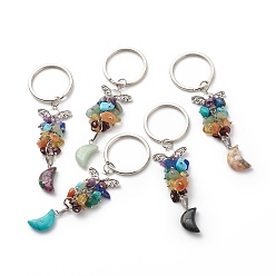 Mixed Stone Moon Natural & Synthetic Mixed Stone Chips & Pendant Keychain, with Iron Split Key Rings, 100mm