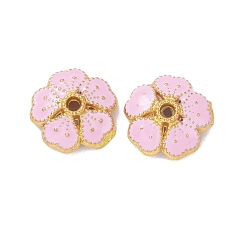 Pearl Pink Alloy Enamel Bead Caps, Cadmium Free & Lead Free, Long-Lasting Plated, Golden, Flower, Pearl Pink, 9.5x3mm, Hole: 1.2mm